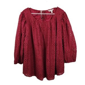 LC Lauren Conrad Womens Plus 2X Dark Pink Eyelet Lace Blouse Boho Peasant Top